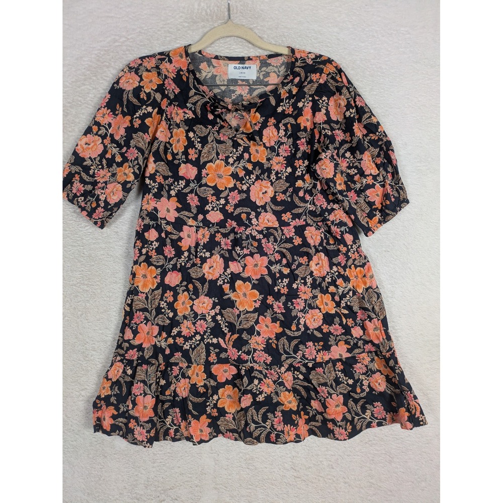 Old Navy Dress Girl's L (10-12) Navy Blue Floral Tiered Short Sleeve Tie-Neck